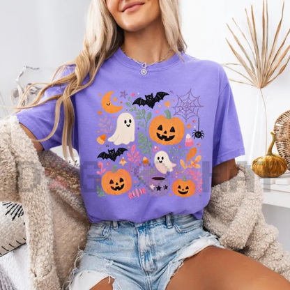 Floral Ghost Pumpkin Preppy Spooky Season Graphic T-Shirt