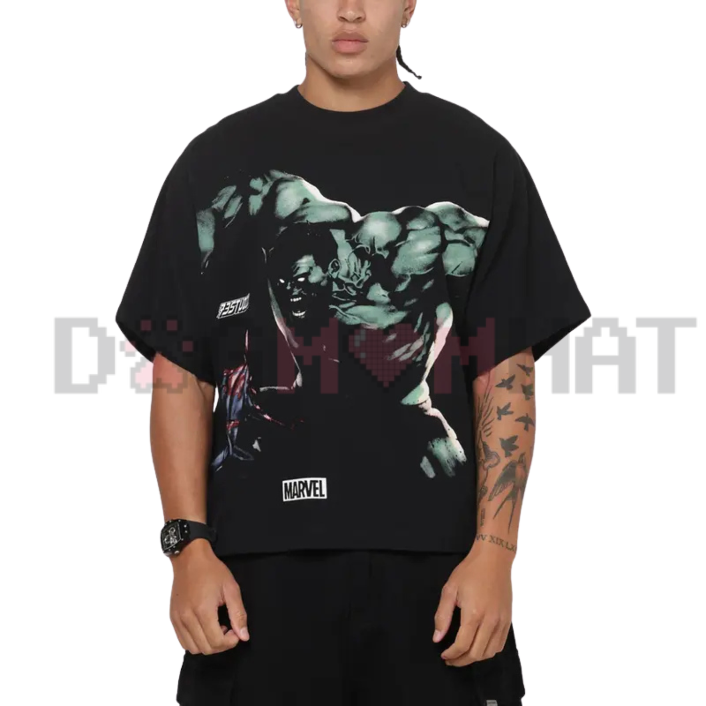 Cosmic Showdown Comic Graphic Tee - Marvel Hulk vs Spider-Man Black Pure Cotton Unisex T-Shirt