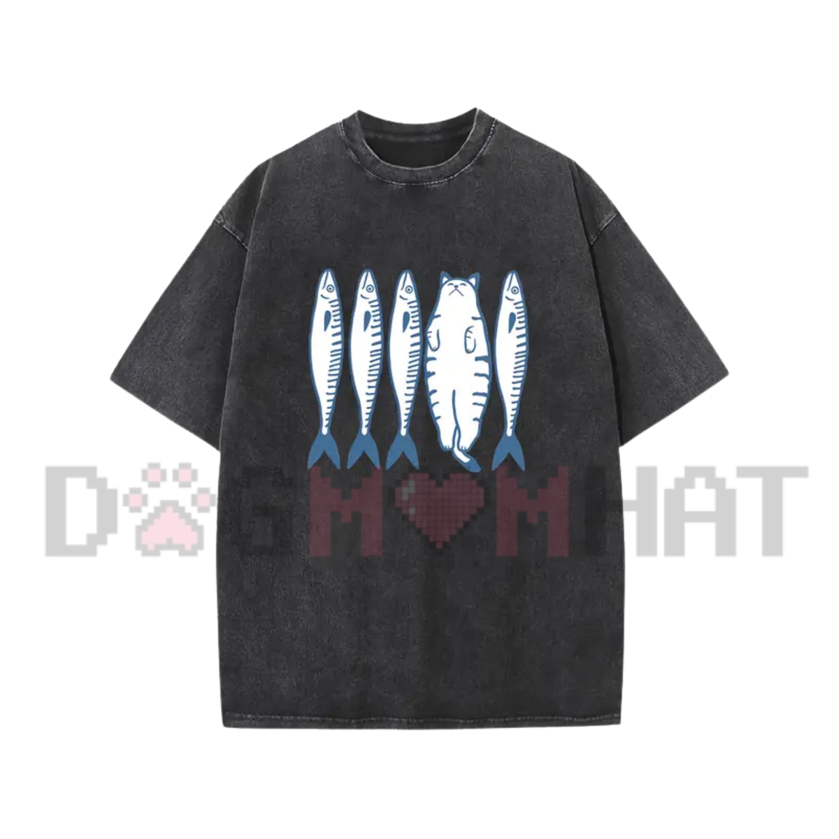 "Cat and Fish Cartoon Graphic" Casual T-Shirt