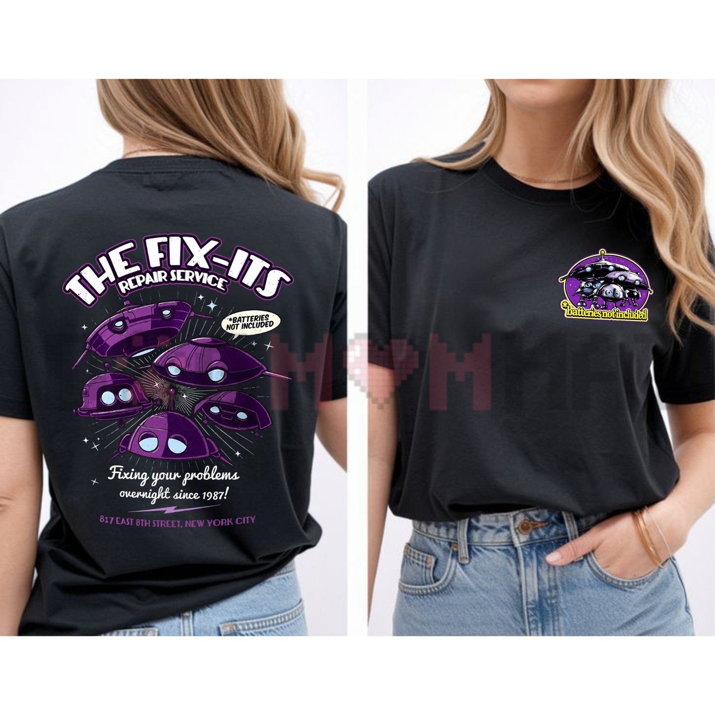 Retro 80s Sci-Fi "Batteries Not Included" T-Shirt - The Fix-Its Repair Service Tee