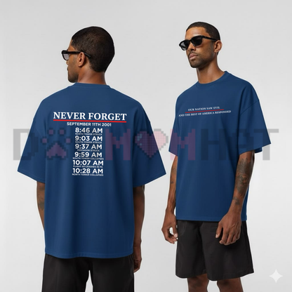 "Never Forget" September 11 Memorial Timeline T-Shirt - Patriotic Remembrance Tee