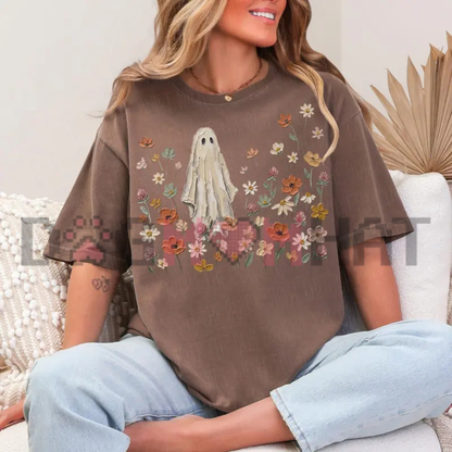 Botanical Boo Aesthetic Comfort Colors Tee - Preppy Wildflower Ghost Floral Halloween Graphic Cotton Shirt