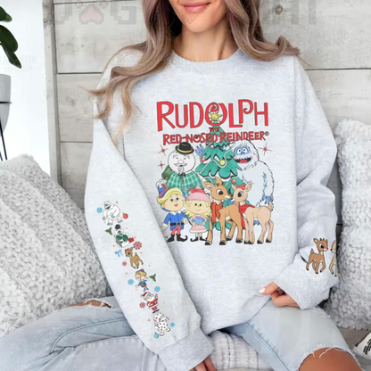 Nostalgic Rudolph Reindeer Crewneck – Unisex Christmas Jumper with Unique Sleeve Graphic