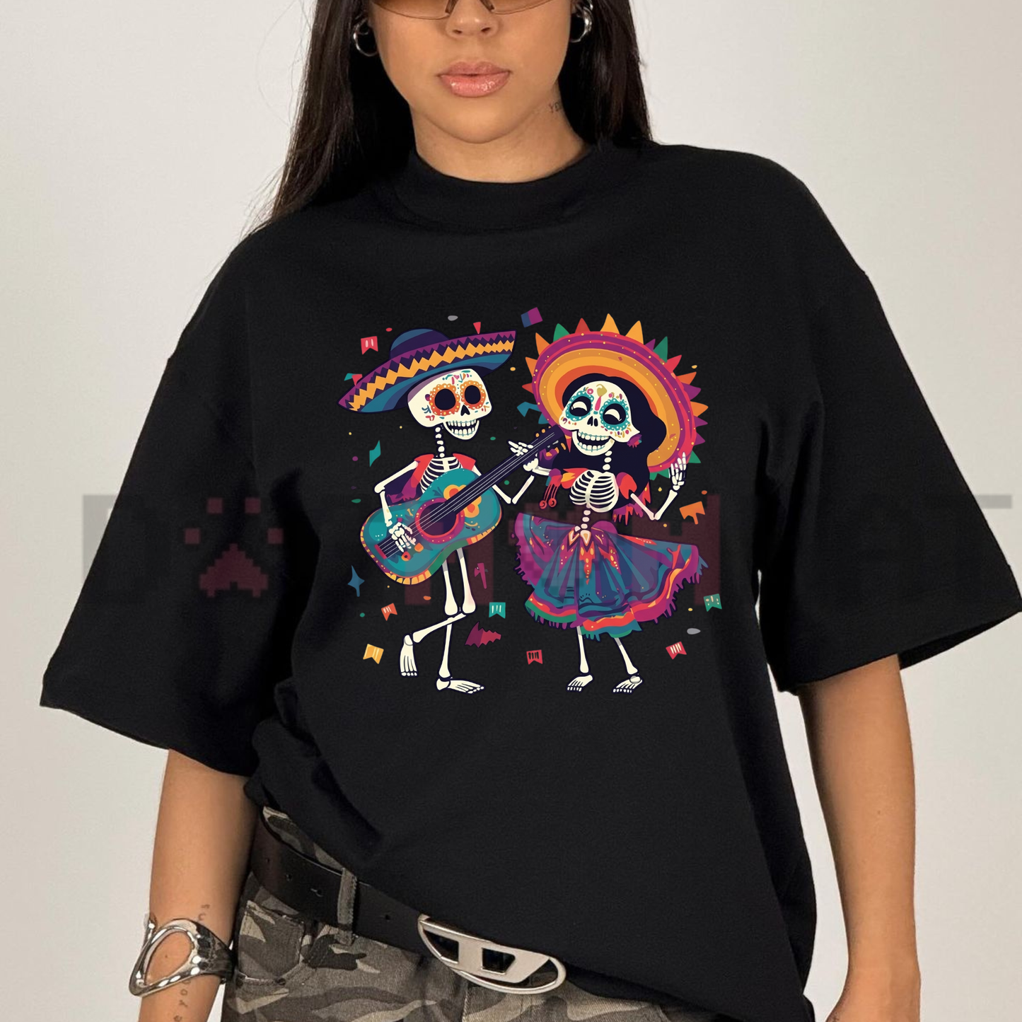 Vibrant Folk Art Skeleton Dance T-Shirt - Colorful Mexican Folk Art Graphic Tee