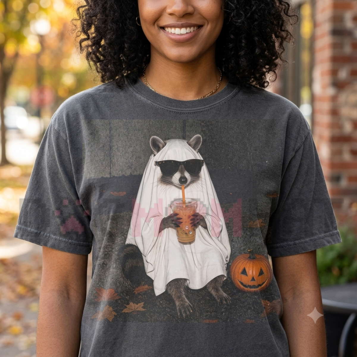 Ghost Raccoon Coffee Funny Halloween Graphic T-Shirt
