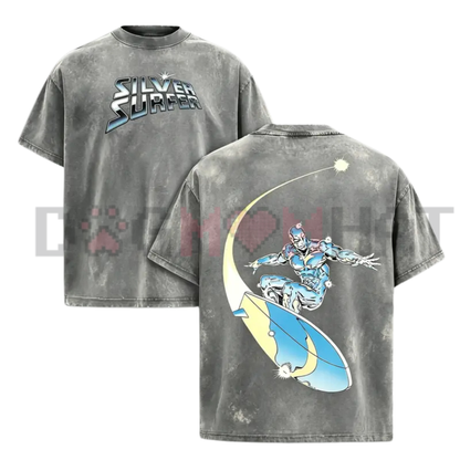 Cosmic Herald Acid Wash Graphic Tee - Silver Surfer Ultra HD Pure Cotton Oversized Streetwear Shirt