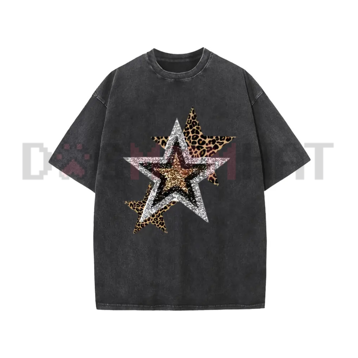 Holafish Celestial Cheetah Acid Wash Tee - Subtle Glitter Leopard Star Crew Neck Streetwear Shirt