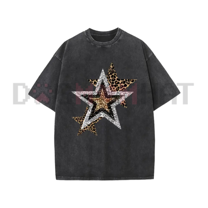 Holafish Celestial Cheetah Acid Wash Tee - Subtle Glitter Leopard Star Crew Neck Streetwear Shirt