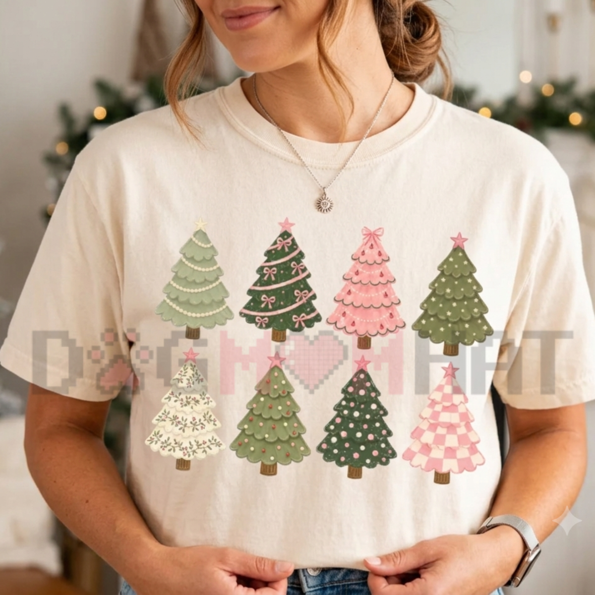 Whimsical Pink Christmas Trees Festive Graphic T-Shirt
