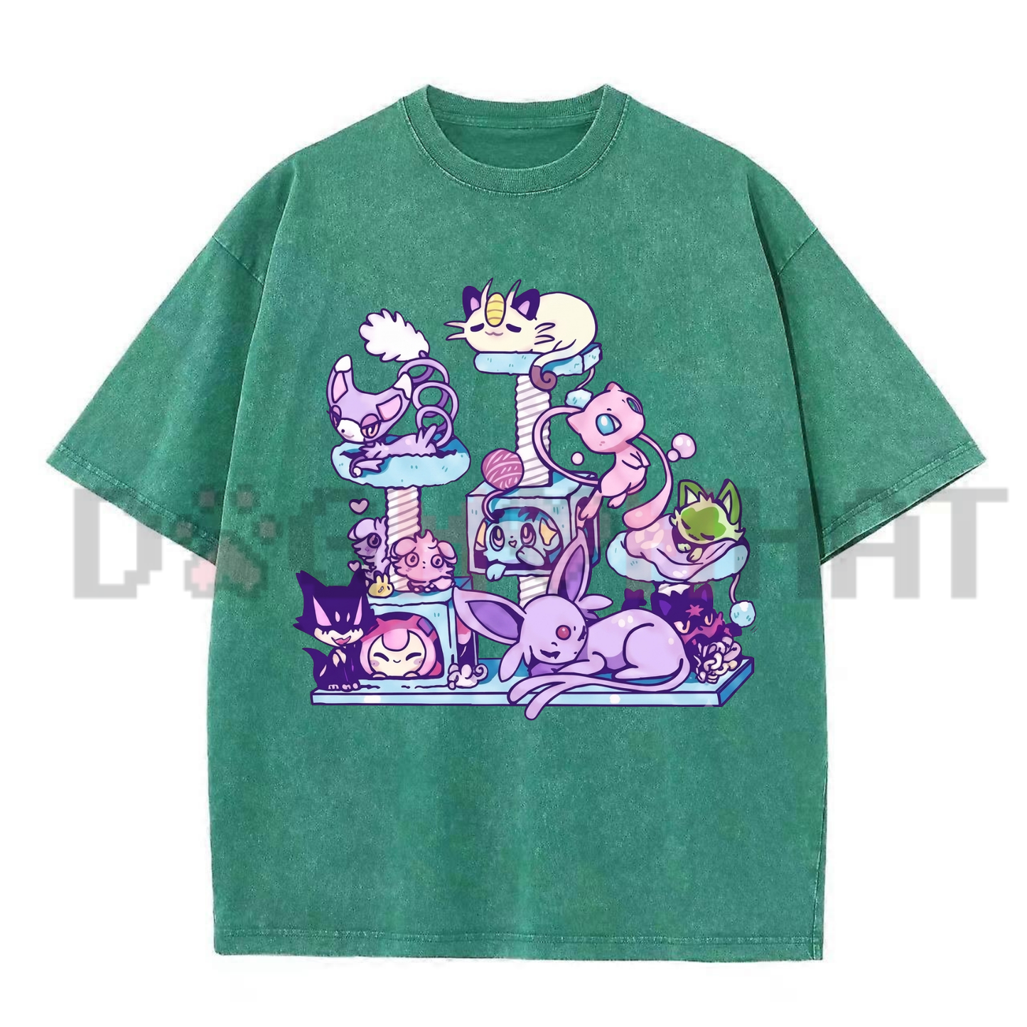 Vintage Acid Wash Oversized Cat Graphic T-Shirt - Cute Chibi Anime Kitty Aesthetic Tee