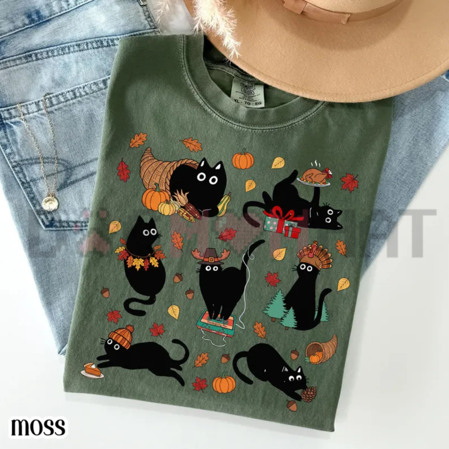 Comfort Colors® Thanksgiving Cat T-Shirt - Retro Black Cat Cozy Autumn Season Tee
