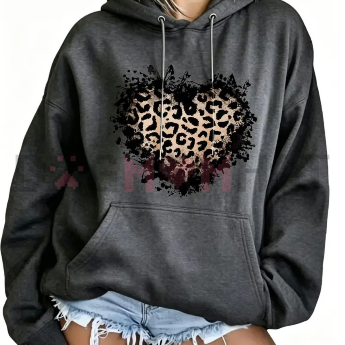 "Vintage Distressed Leopard Print Heart" Graphic Pullover Hoodie