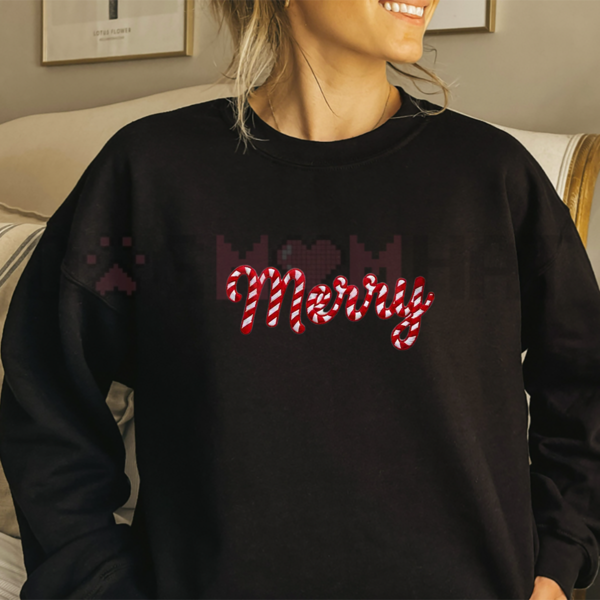 Festive Friction Sweatshirt – Embroidered-Look Merry Christmas Candy Cane Holiday Crewneck