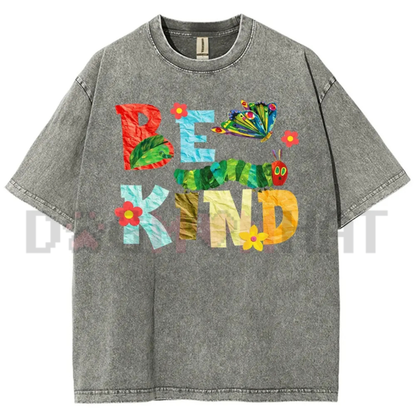 Botanical Collage Be Kind Acid Wash Graphic Tee - Vintage Y2K Butterfly & Bug Oversized Cotton Shirt