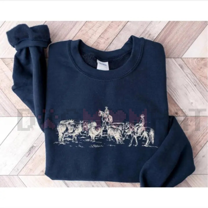Vintage Cowboy Rodeo Sweatshirt – Retro Horse Western Crewneck, Unisex Country Lifestyle Jumper, Cowboy and Cows Graphic Pullover, Western Gift for Her & Him