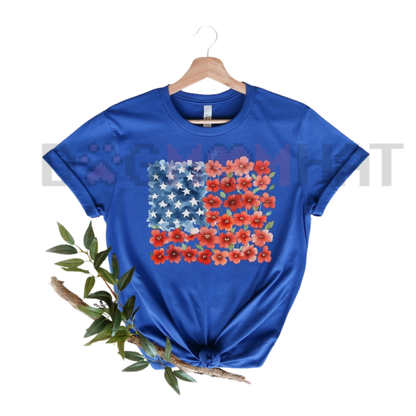 Floral American Flag T-Shirt – Patriotic Poppy Botanical Tee
