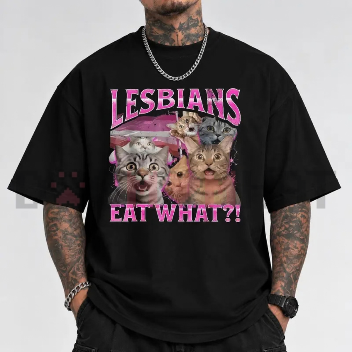 Lesbians Eat What Funny Cat Gay Pride Pun Graphic T-Shirt