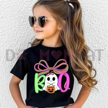 Cute Boo Ghost Floral Halloween Graphic Tee - Retro Spooky Season Soft Cotton Unisex Kids T-Shirt For Toddler & Little Girls