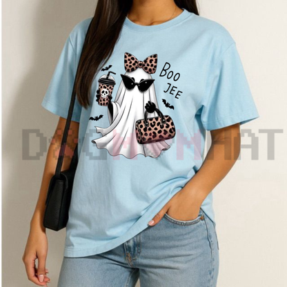 Boo-Jee Ghost Latte Graphic Tee - Leopard Print Coffee Pure Cotton Girly Halloween T-Shirt
