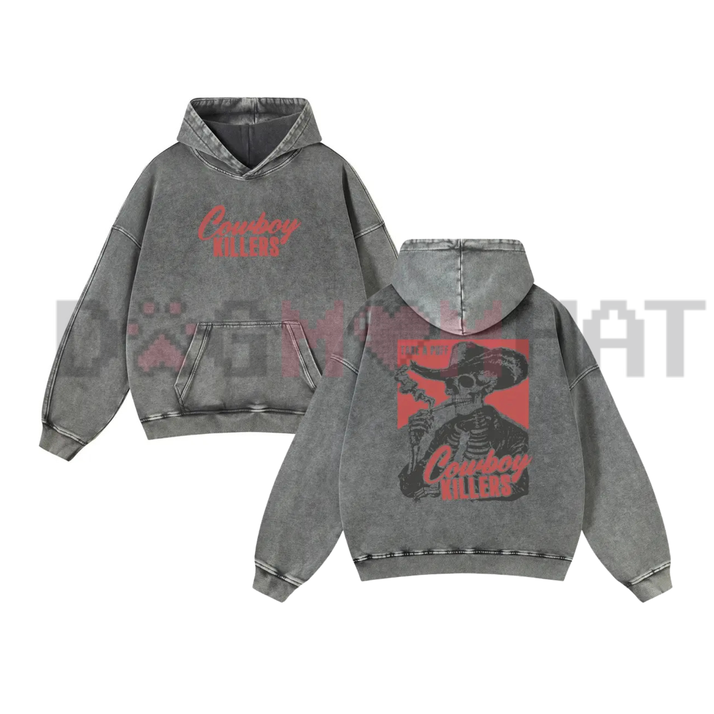 Retro Cowboy Skeleton Mineral Wash Hoodie - Smoking Skeleton Western Punk Oatmeal Soft Cotton Unisex Spring Pullover
