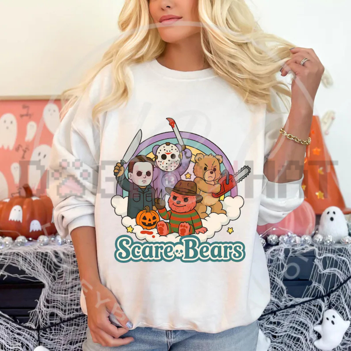 Spooky Scare Bears Graphic Sweatshirt - Retro Horror Cute Bear Soft Cotton Unisex Halloween Aesthetic Pullover
