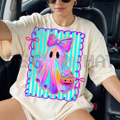 Cute Preppy Ghost Coquette Graphic Tee - Retro Floral Pumpkin Halloween Vintage Cotton Unisex T-Shirt