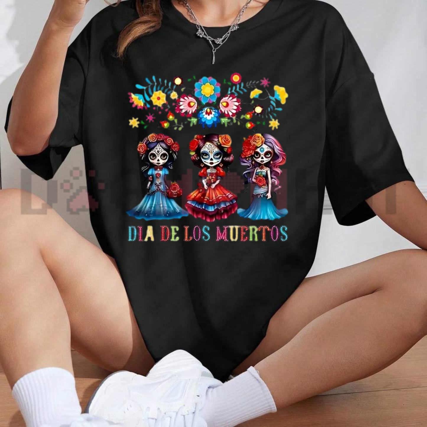 Colorful Floral Sugar Skull Girls Día de los Muertos T-Shirt - Day of the Dead Graphic Tee