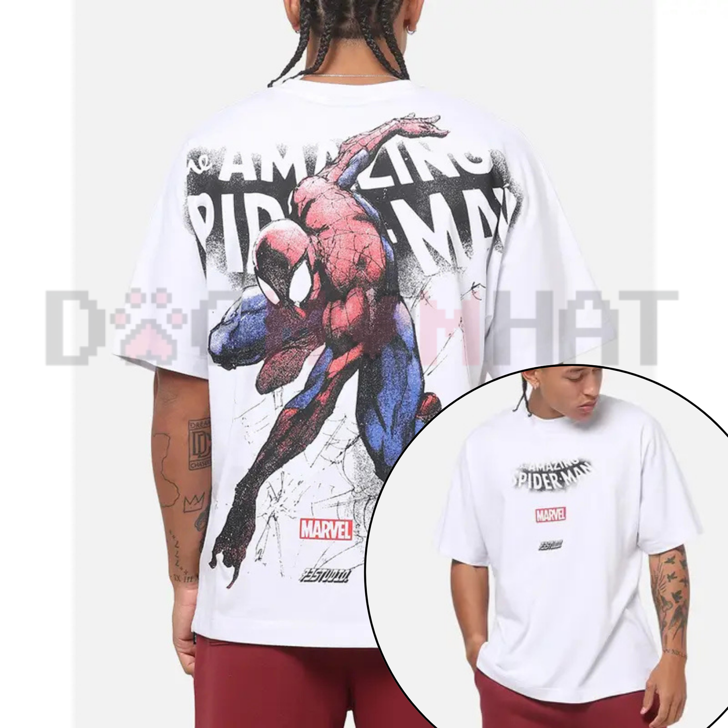 Web-Slinger Collage All Over Print Graphic Tee - White Marvel Spider-Man Full Coverage Unisex Streetwear Shirt