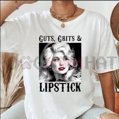 "Guts, Grit, and Lipstick" Vintage Country Music Graphic T-Shirt - Cowgirl Concert Homage Top