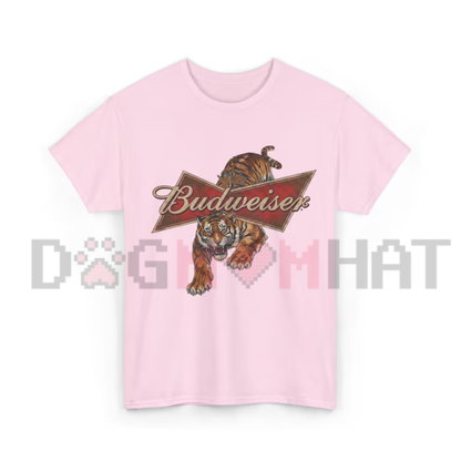 Retro Americana Wild Tiger Graphic Tee - Budweiser Vintage Washed Pure Cotton Women's Casual Top