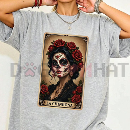 La Chingona Tarot Card Sugar Skull T-Shirt - Red Rose Day Of The Dead Latina Pride Graphic Tee