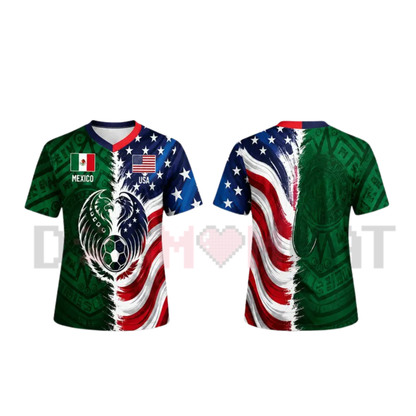 Split Mexico Green Tribal & US Stars Stripes Athletic Shirt