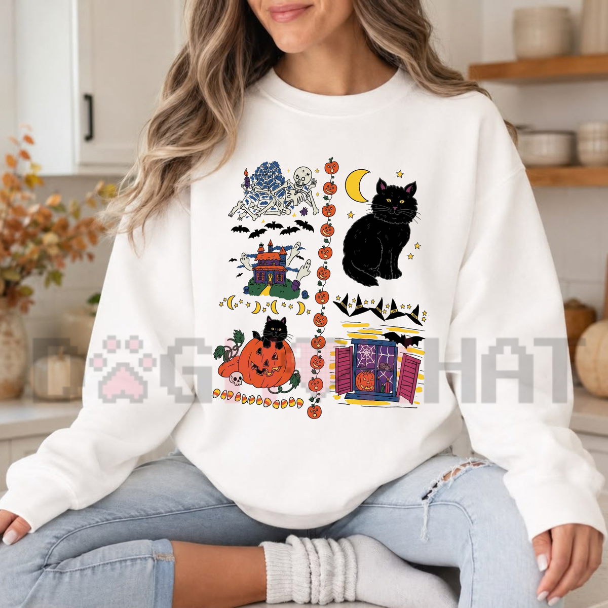 Vintage 90s Halloween Haunted House Fleece Crewneck Sweatshirt