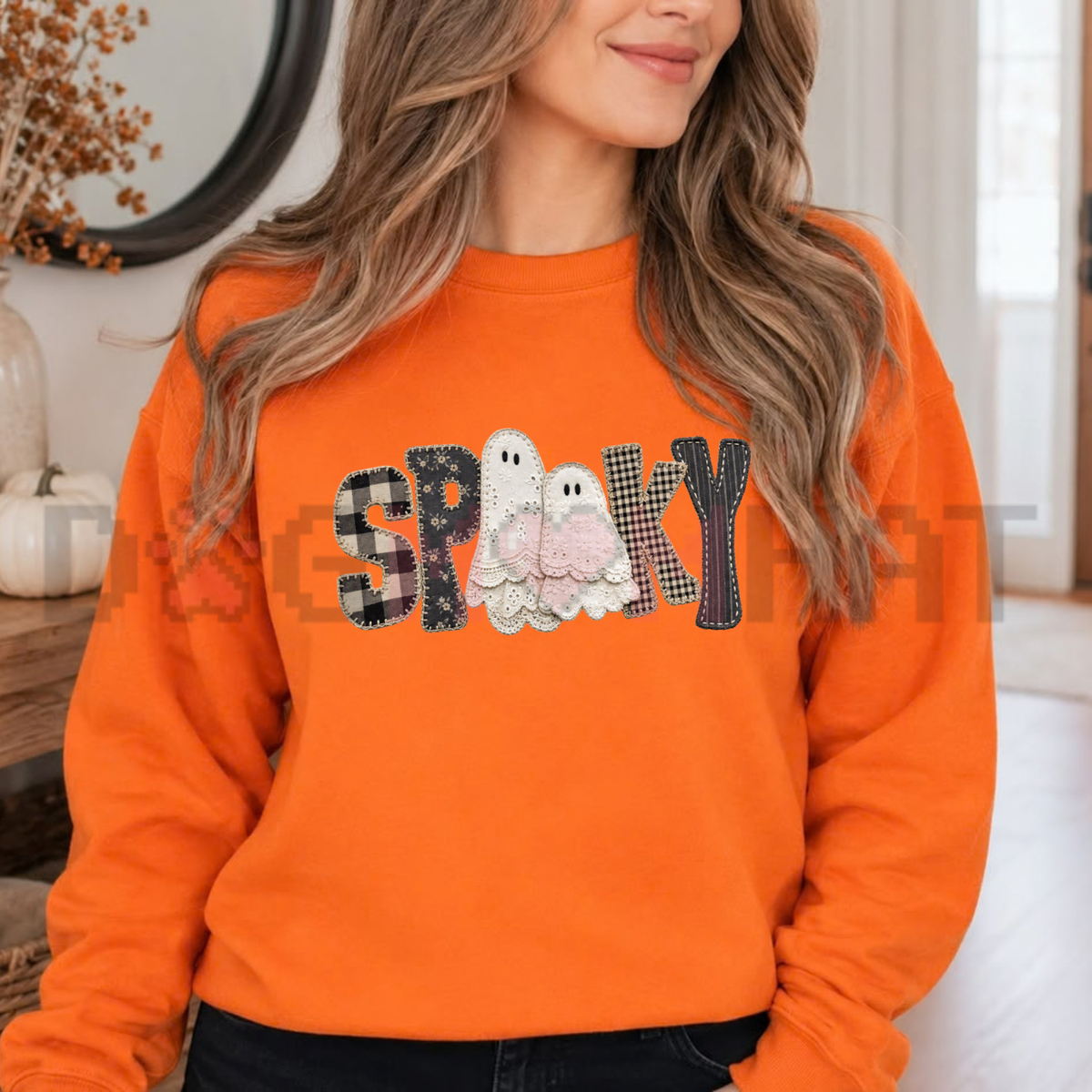 Gildan Patchwork Gingham Spooky Ghost Graphic Fleece Sweatshirt