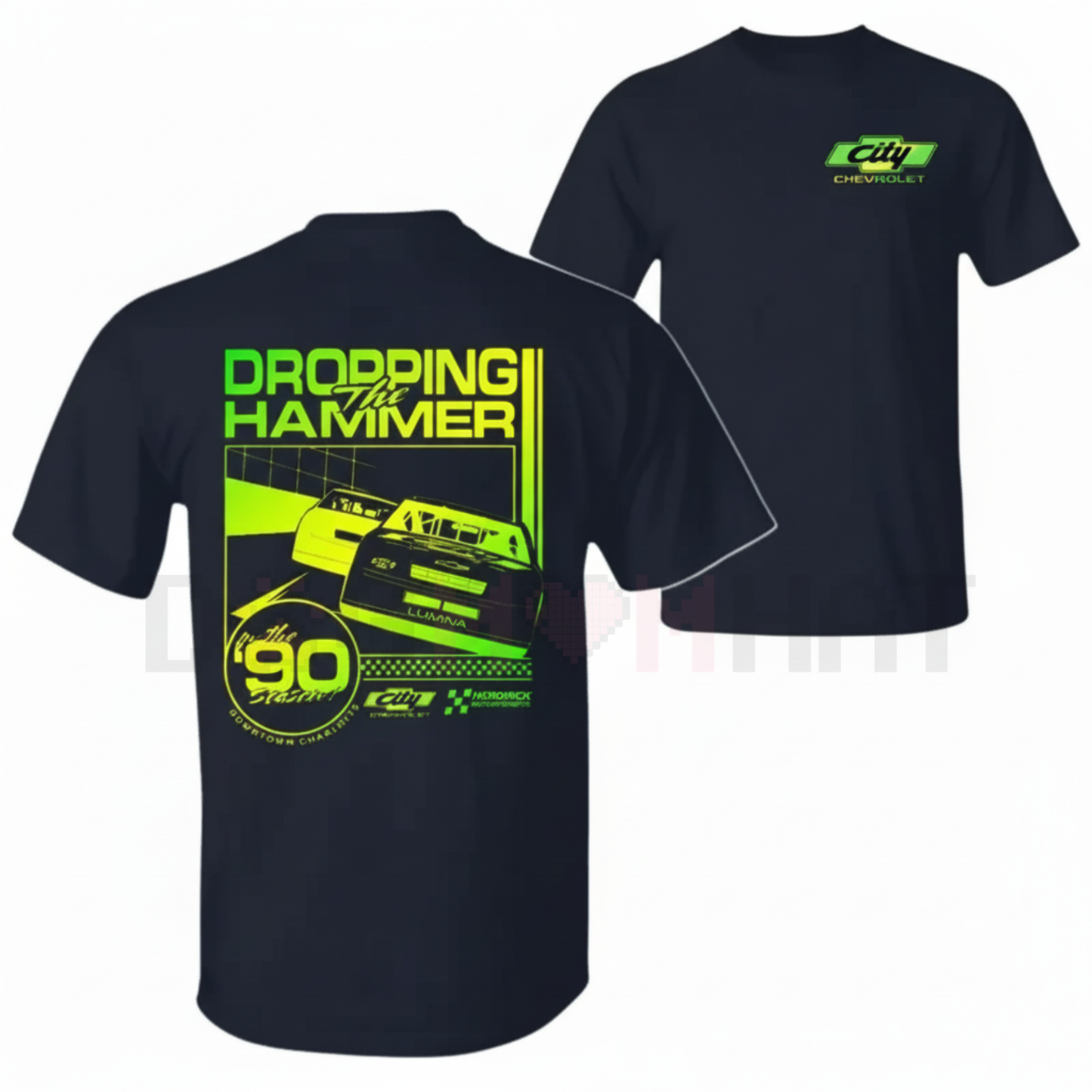 Dropping the Hammer Chevy T-Shirt – Retro 90s Stock Car Racing Neon Green Speed Track Tee