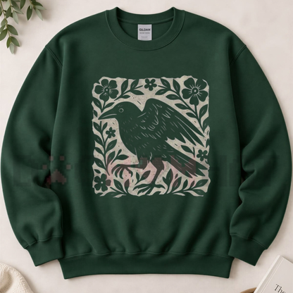 Parke Horizon Sweatshirt – Gothic Raven Linocut Style Dark Academia Graphic Crewneck