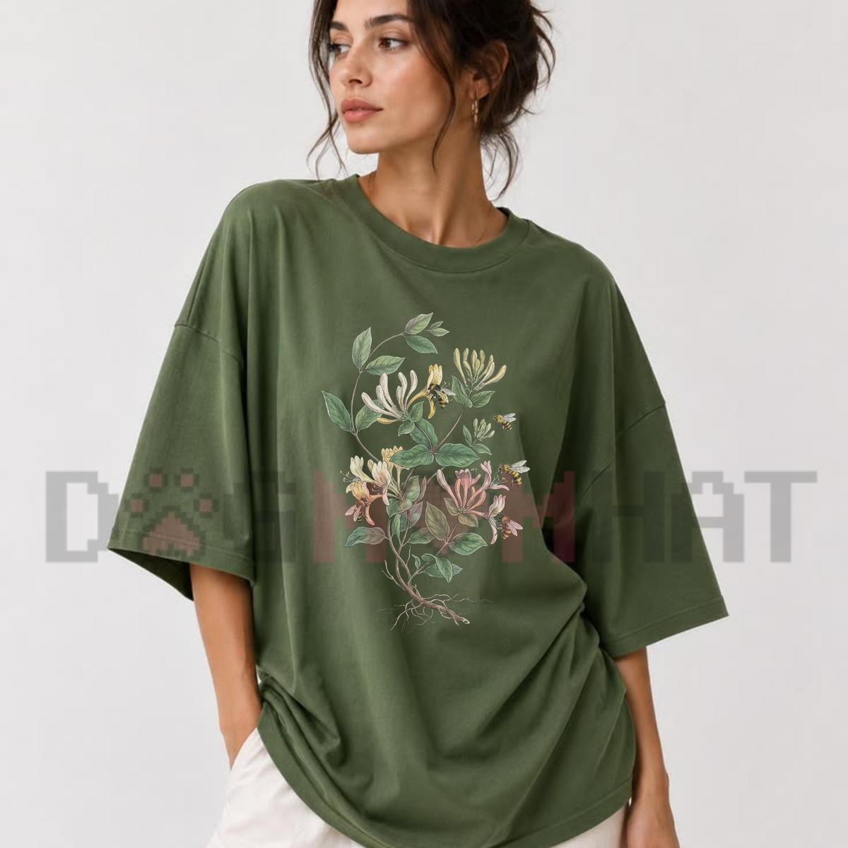 "Vintage Honeysuckle Flower & Bee" Retro Botanical Graphic T-Shirt