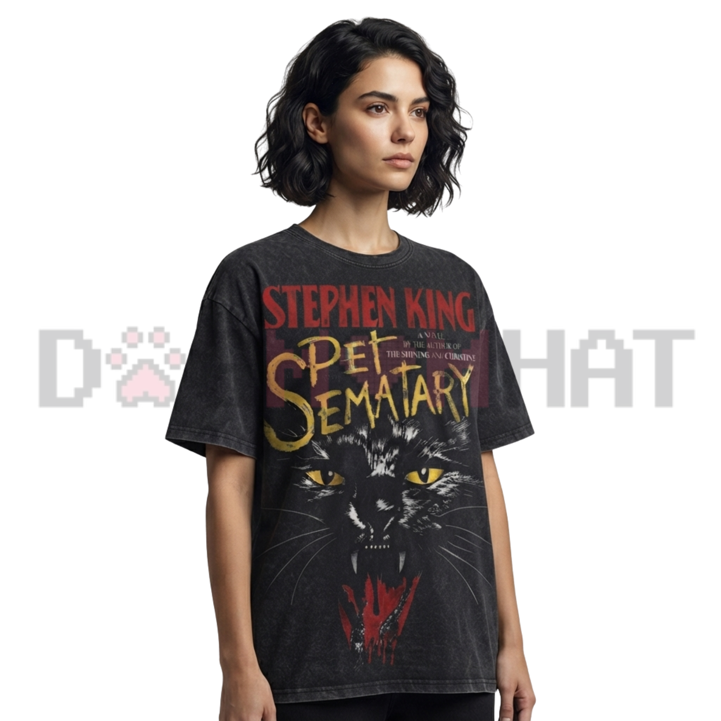 Creepy Black Cat Thriller Vintage Book Graphic Tee - Retro Grunge Acid Wash Y2K Cotton Unisex Streetwear T-Shirt