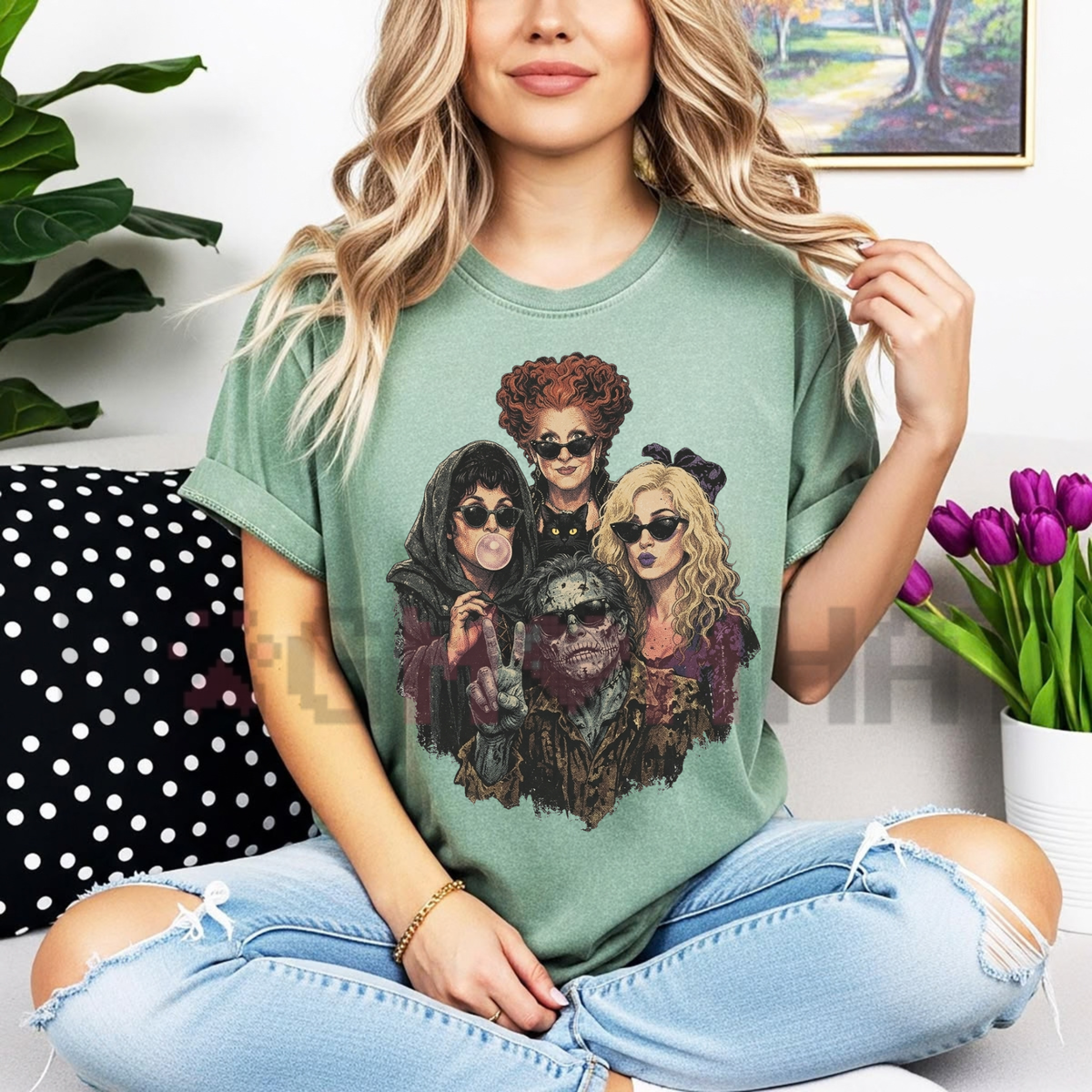 Comfort Colors Retro Halloween Witch Sisters Selfie Graphic T-Shirt