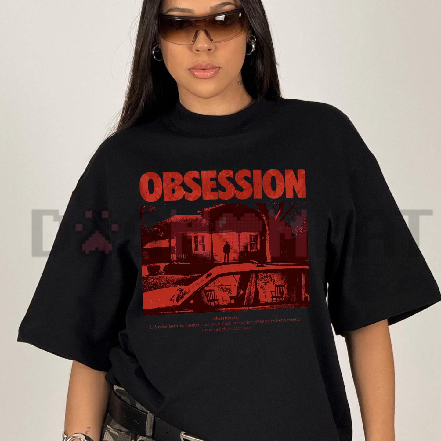 Obsession Retro Horror Oversized Cotton T-Shirt - Vintage Distressed House Graphic Tee