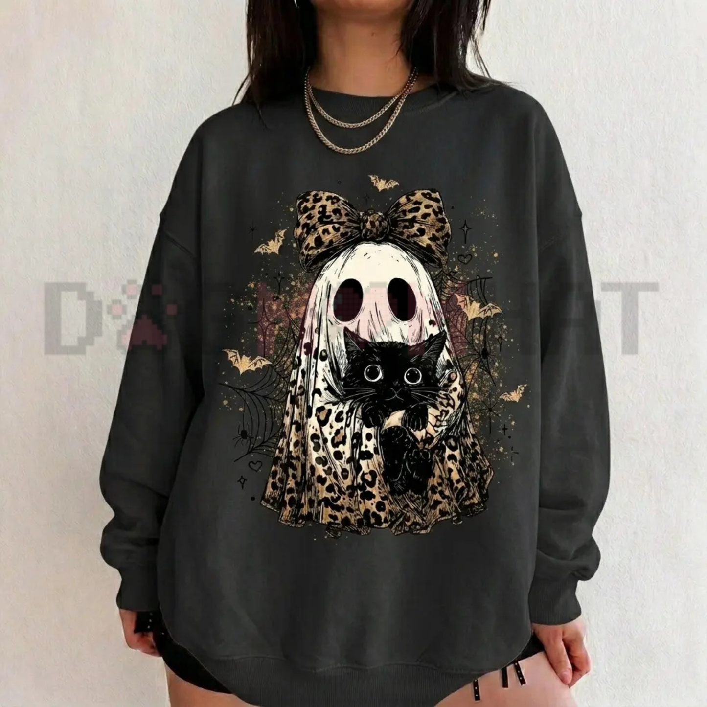 Spooky Leopard Feline Phantom Crewneck - Cute Ghost Cat Pattern Halloween Fleece Pullover Sweatshirt