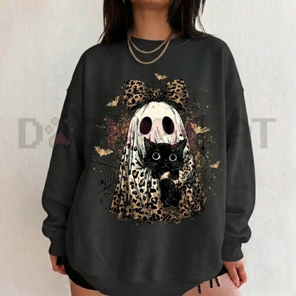 Spooky Leopard Feline Phantom Crewneck - Cute Ghost Cat Pattern Halloween Fleece Pullover Sweatshirt