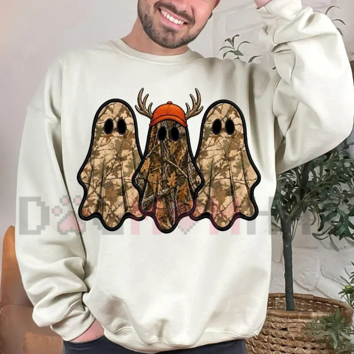 "Retro Ghost Hunting" Camo Graphic Halloween Sweatshirt