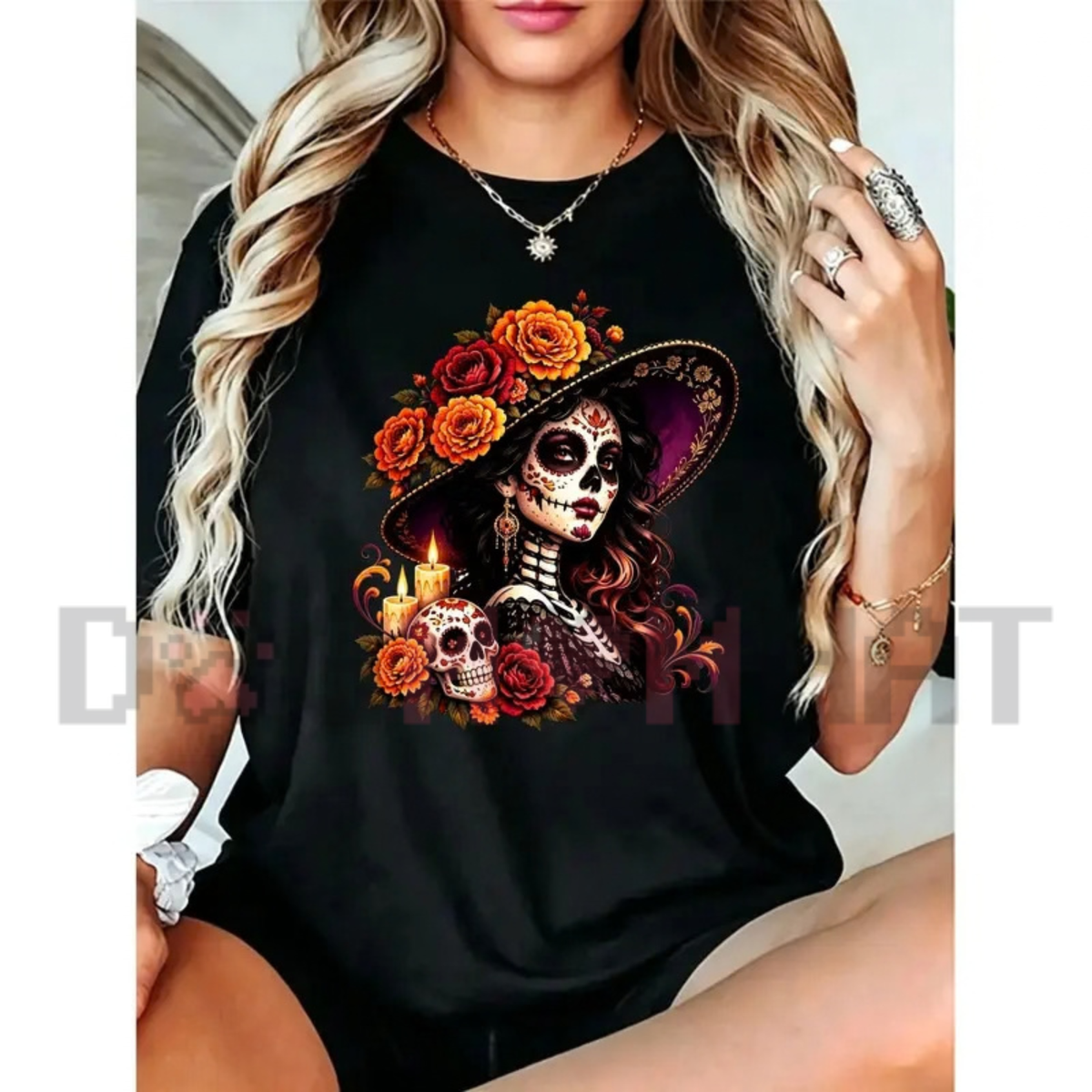 La Catrina Floral Sugar Skull Day of the Dead Graphic T-Shirt
