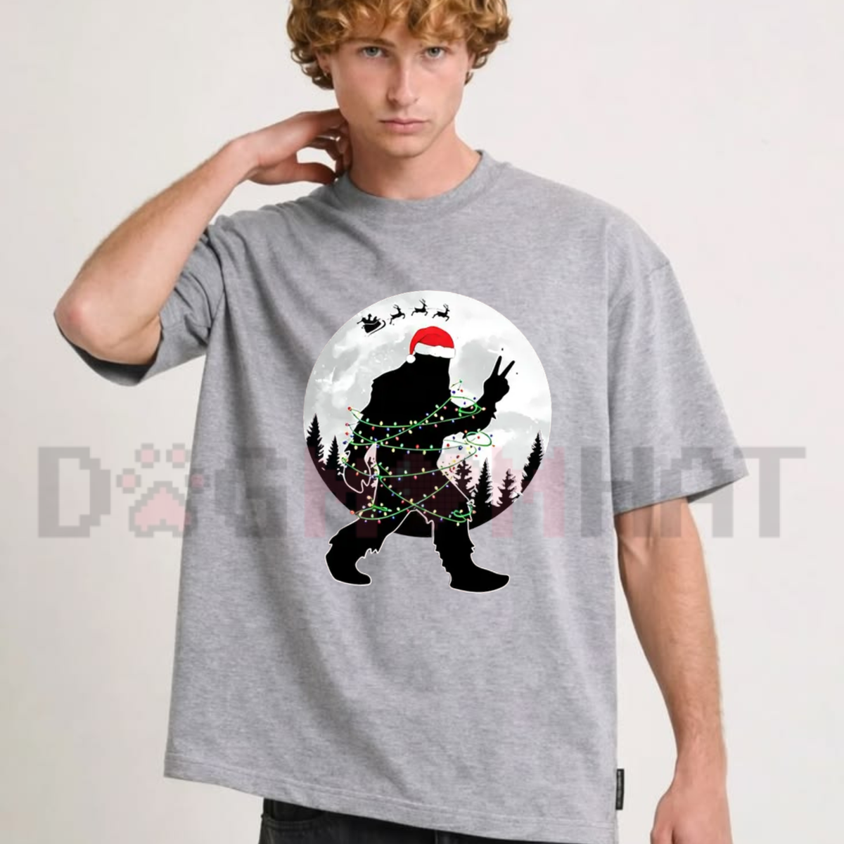 Funny Bigfoot Christmas Light Moon Forest Graphic T-Shirt