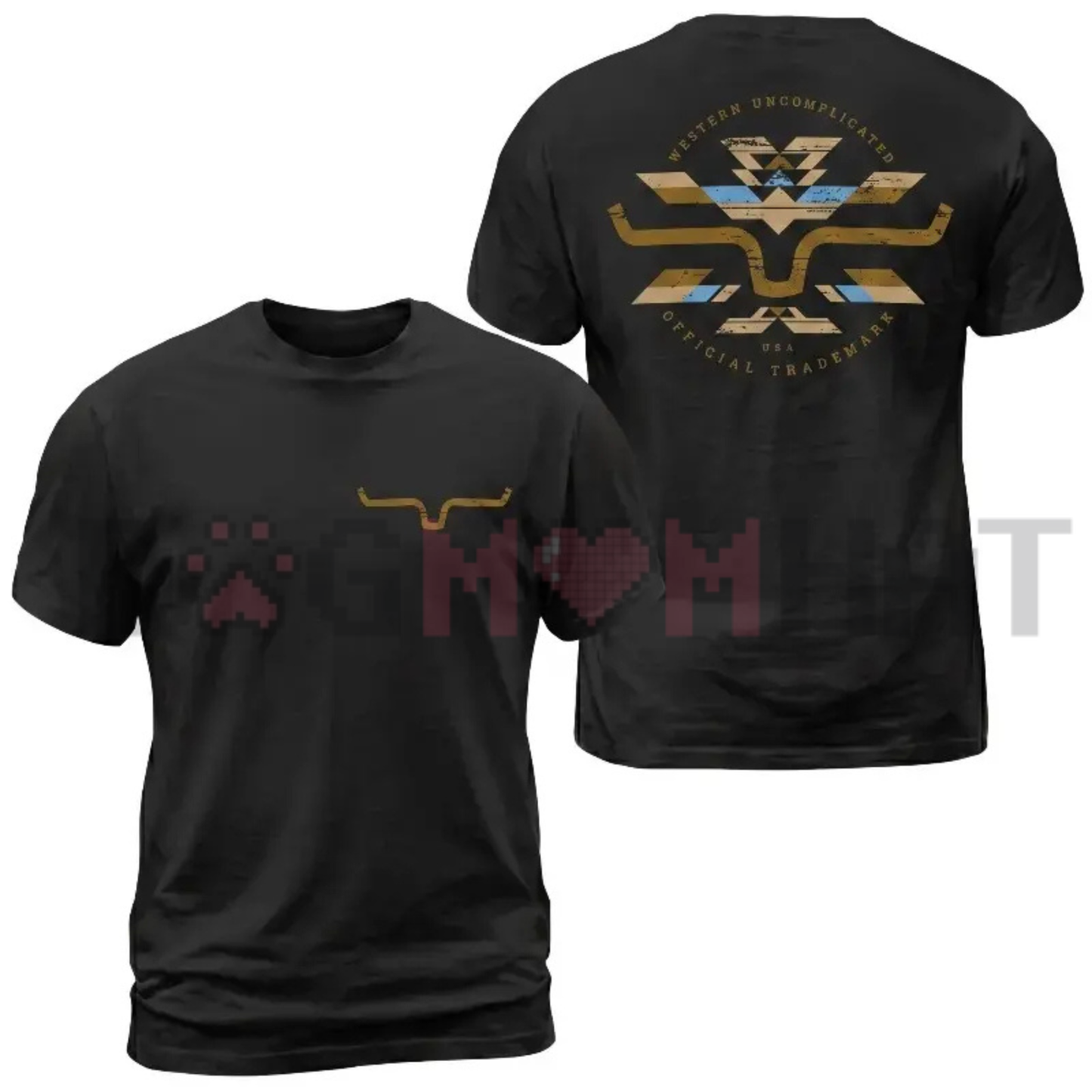Kimes Ranch Horn Logo Aztec Print Graphic T-Shirt - Western Tribal Back Print Cowboy Tee