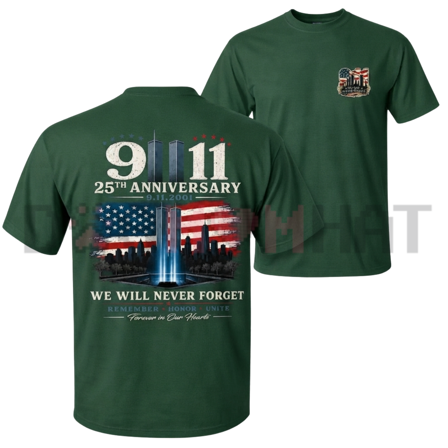 911 25th Anniversary Memorial T-Shirt - Patriotic Twin Towers & American Flag Two-Sided Graphic Tee