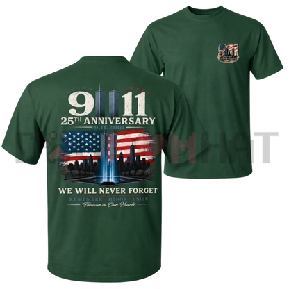 911 25th Anniversary Memorial T-Shirt - Patriotic Twin Towers & American Flag Two-Sided Graphic Tee