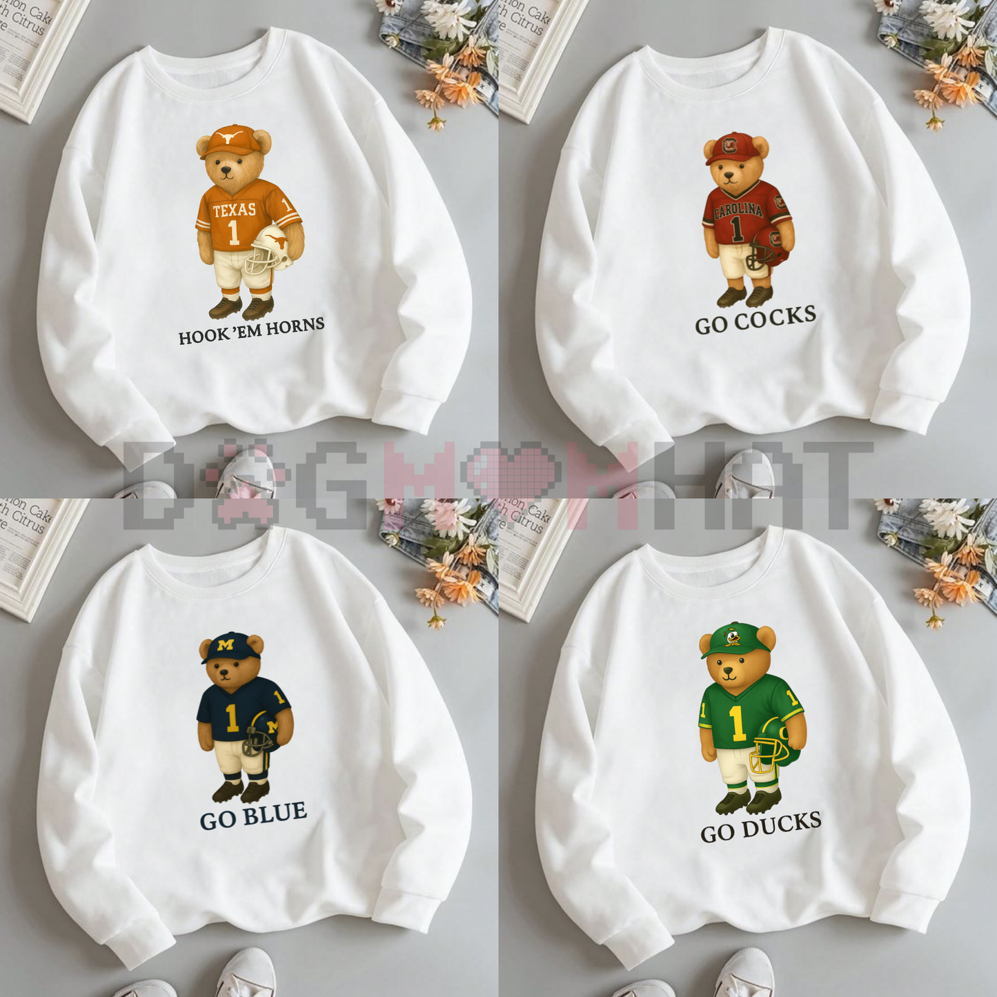 All Team College Football Teddy Bear Graphic Sweatshirt Pullover – White Vintage Sport Varsity Crewneck
