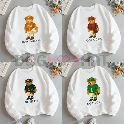 All Team College Football Teddy Bear Graphic Sweatshirt Pullover – White Vintage Sport Varsity Crewneck